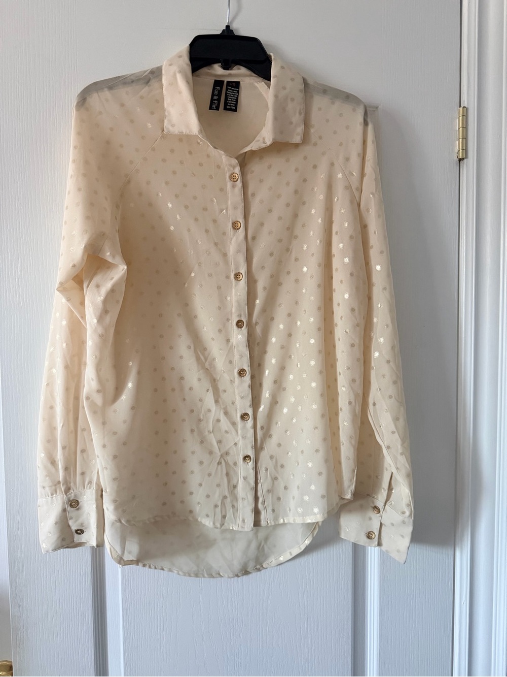 Fun & Flirt Cream Gold Metallic Dot Button-Down Shirt Blouse Size L